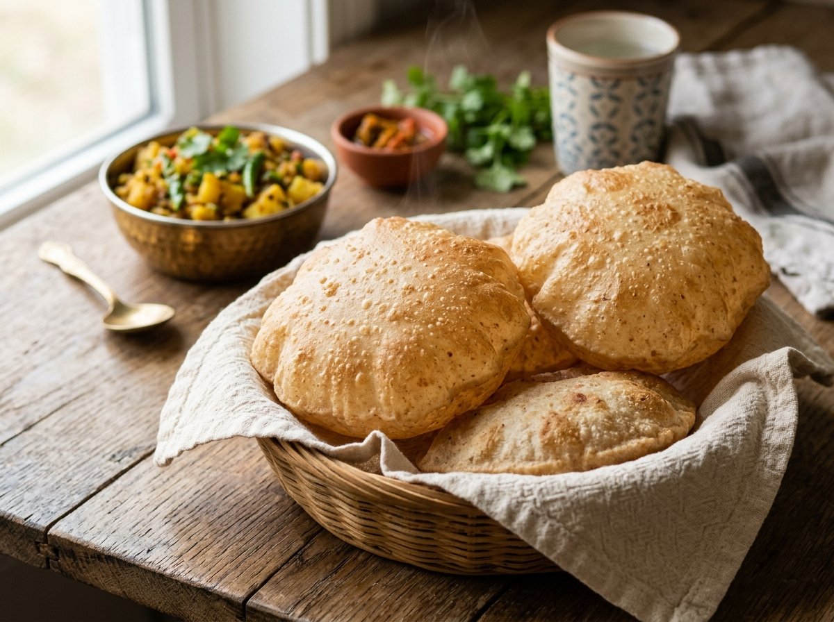 Fresh golden whole wheat pooris puffed in traditional woven basket